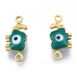 Teal 304 Stainless Steel Enamel Connector Charms, Real 18K Gold Plated, Elephant with Evil Eye, Teal, 6.5x15x2.5mm, Hole: 1.2mm