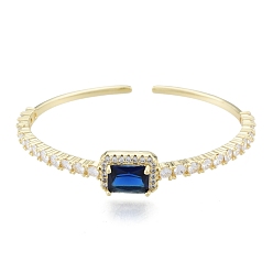 Bleu Moyen  Bracelet manchette ouvert rectangle zircone cubique, bijoux en laiton plaqué or véritable 18k pour femmes, bleu moyen, diamètre intérieur: 1-3/4x2-1/4 pouce (4.6x5.6 cm)