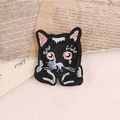 Negro Parches de tela bordada computarizada con forma de gato para planchar / coser, accesorios de vestuario, negro, 41x35 mm