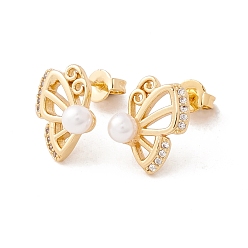 Real 18K Gold Plated Clear Cubic Zirconia Butterfly Stud Earrings with Acrylic Pearl, Brass Jewelry for Women, Lead Free & Cadmium Free, Real 18K Gold Plated, 12.5x10mm, Pin: 0.8mm