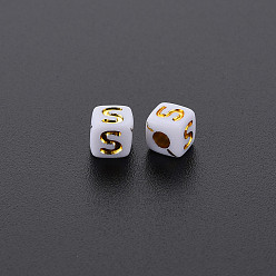 Letter S Opaque White Acrylic Beads, Metal Enlaced, Cube with Letters, Letter.S, 4.5mm, Hole: 2mm, about 5000pcs/500g