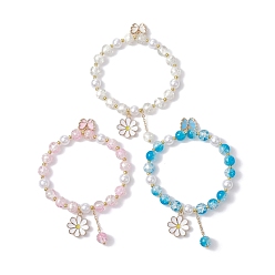 Flower 3Pcs 3 Color Glass Beads Stretch Bracelet, Stackable Bracelets with Brass & Alloy Enamel Charms, Flower, Inner Diameter: 2-3/8 inch(6cm), 1Pc/color