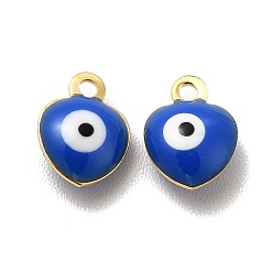 Blue 304 Stainless Steel Evil Eye Enamel Charms, Heart Charm, Golden, Blue, 8x6x3mm, Hole: 1mm