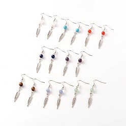 Pierre Mélangete Boucles d'oreilles pendantes en alliage de plumes naturelles et synthétiques en pierres mélangées, avec crochets d'oreilles en laiton, 55 mm, broches: 0.7 mm