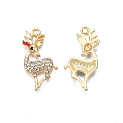Red Rack Plating Alloy Enamel Pendants, with Crystal Rhinestone, Cadmium Free & Nickel Free & Lead Free, Light Gold, Christmas Reindeer/Stag, Red, 29.5x14x3mm, Hole: 1.8mm