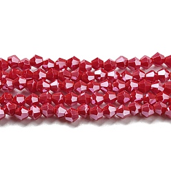 Roja Hebras de cuentas de vidrio electrochapado de color sólido opaco, lustre de la perla chapado, facetados, bicono, rojo, 4x4 mm, agujero: 0.8 mm, sobre 87~98 unidades / cadena, 12.76~14.61 pulgada (32.4~37.1 cm)