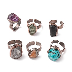Mixed Stone Gemstone Irregular Nugget Open Cuff Ring, Red Copper Brass Jewelry for Women, Cadmium Free & Lead Free, Inner Diameter: 17~19mm