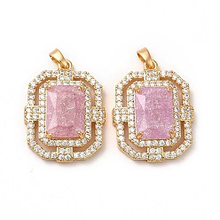 Perlas de Color Rosa Colgantes de latón chapado en rack y circonitas cúbicas cortadas con hielo triturado, con diamante de imitación, real 14 k chapado en oro, sin plomo y cadmio, Rectángulo, rosa perla, 28x21x7 mm, agujero: 5x2.5 mm