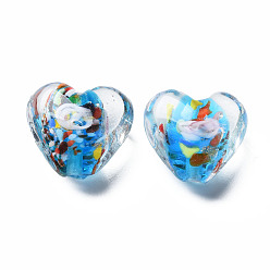Bleu Ciel Foncé Perles lampwork, perles au chalumeau, faits à la main, avec fleur intérieur, cœur, bleu profond du ciel, 15x15~16x9mm, Trou: 1.2mm