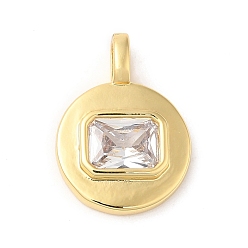 Clear Brass with Cubic Zirconia Pendants, Real 16K Gold Plated, Flat Round Charm, Clear, 20.5x15x4mm, Hole: 4x2.5mm