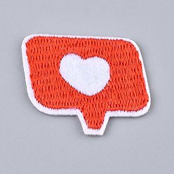 Roja Tela de bordado computarizada para planchar / coser parches, accesorios de vestuario, cuadro de diálogo con corazón, rojo, 27x35x1.5 mm