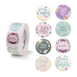 Word 8 Patterns Easter Theme Self Adhesive Paper Sticker Rolls, with Rabbit Pattern, Round Sticker Labels, Gift Tag Stickers, Mixed Color, Happy Easter, Word, 25x0.1mm, 500pcs/roll