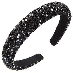 Negro Bandas para el cabello con diamantes de imitación y perlas, Accesorios para el cabello de tela ancha para mujeres y niñas., negro, 135x120 mm