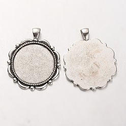 Antique Silver Tibetan Style Alloy Flower Pendant Cabochon Settings, Cadmium Free & Lead Free, with Flat Round Tray, Antique Silver, 46x38x2mm, Hole: 5x7mm, Tray: 30mm, about 121pcs/kg