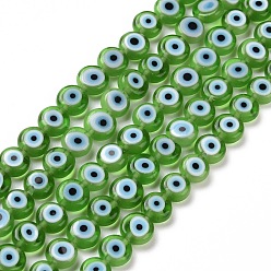 Зеленый Ручной сглаза Lampwork плоские круглые пряди шарик, зелёные, 6x3 мм, отверстие : 1 мм, около 65 шт / нитка