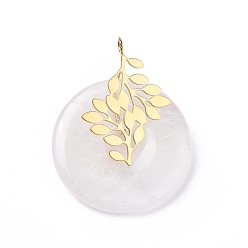 Quartz Crystal Natural Quartz Crystal Pendants, Rock Crystal Pendants, with Ion Plating(IP) Golden Color Tone 304 Stainless Steel Findings, Leaf with Donut/Pi Disc Charm, 37~38x30x10~11mm, Hole: 3mm