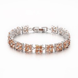 Sandy Brown Noble Gift Ideas for Lady Platinum Tone Brass Micro Pave Cubic Zirconia CZ Flower Link Chain Bracelets, with Watch Band Clasps , Sandy Brown, 170x7x5mm