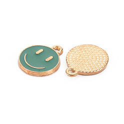 Teal Alloy Enamel Charms, Cadmium Free & Lead Free, Smiling Face, Light Gold, Teal, 14.5x12x1.5mm, Hole: 1.5mm