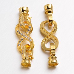 Golden Infinity Brass Micro Pave Cubic Zirconia Fold Over Clasps, Lead Free & Nickel Free, Golden, 38x10x3mm, Hole: 1.5mm