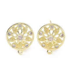 Real 18K Gold Plated Hollow Flower Brass Micro Pave Cubic Zirconia Stud Earrings Finding, with Horizontal Loops, Cadmium Free & Lead Free, Real 18K Gold Plated, 18.5x16mm, Hole: 1.2mm, Pin: 0.8mm