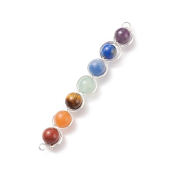 Silver 7Pcs Round Natural Gemstones Copper Wire Wrapped Connector Charms, Natural Red Jasper & Red Aventurine & Tiger Eye & Green Aventurine & Blue Aventurine  & Blue Tiger Eye & Amethyst, Silver, 80x11x8~9mm, Hole: 2~2.5mm