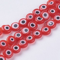 Rouge La main d'oeil mauvais chalumeau perles brins, plat rond, rouge, 6x2.5mm, Trou: 1mm, Environ 64 pcs/chapelet, 13.7 pouce (35 cm)