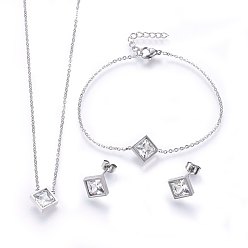 Stainless Steel Color 304 Stainless Steel Jewelry Sets, Pendant Necklaces & Stud Earrings & Bracelets, with Cubic Zirconia, Rhombus, Stainless Steel Color, 16.93 inch(43cm), 7-1/8 inch(18cm), 12x12x4mm, Pin: 0.8mm