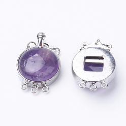 Amethyst Natural Amethyst Box Clasps, with Brass Finding, Flat Round, Platinum, 26.5x17.5x8~9mm, Hole: 1mm