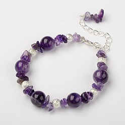 Amethyst Amethyst Bracelets, with Brass Textured Beads and Alloy Lobster Claw Clasps, Silver Color Plated, Amethyst, 185mm