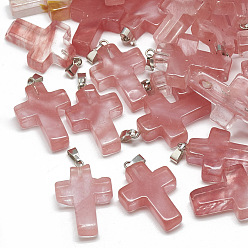 Cherry Quartz Glass Cherry Quartz Glass Pendants, with Stainless Steel Snap On Bails, Cross, 29~30x18~19x5~6mm, Hole: 6x4mm