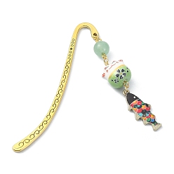 Green Aventurine Japanese Style Maneki-neko Bookmark, Lucky Cat & Fish Pendant Bookmark with Natural Round Green Aventurine, Alloy Hook Bookmarks, 84mm
