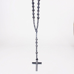Labradorite Natural Labradorite Rosary Bead Necklace, Synthetic Hematite Cross Pendant Necklace, 27.56 inch(70cm)