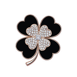 Black Cubic Zirconia Clover Brooch Pin, Gold Plated Brass Badge for Jackets Hats Bags, Black, 40x35mm