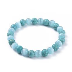 Turquoise Synthétique Bracelets stretch turquoise synthétique, avec des perles rondes oeil de chat, 2-3/8 pouce (6 cm)