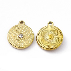 Crystal Vacuum Plating 201 Stainless Steel Pendants, with Rhinestone, Real 18K Gold Plated, Flat Round Charms, Crystal, 16x14x3mm, Hole: 1.5mm