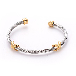 Golden & Stainless Steel Color 304 Stainless Steel Cuff Bangles, Torque Bangles, Cross, Golden & Stainless Steel Color, 2-3/8 inch(6.2cm)