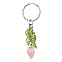 Pink Porte-clés pendentif fraise en résine, avec breloque feuille en acrylique et anneau porte-clés en fer, rose, 7.5 cm
