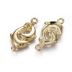Real 18K Gold Plated Alloy Links connectors, Ocean Theme, Lead Free & Nickel Free & Cadmium Free, Double Dolphin, Real 14K Gold Plated, 24x12x2mm, Hole: 1.8mm