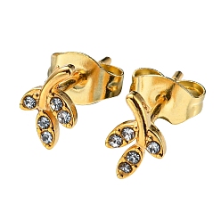 Golden Vacuum Plating 304 Stainless Steel Stud Earrings with Rhinestone for Women, Leaf, Golden, 7x6mm