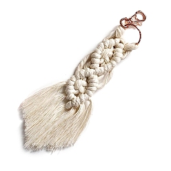 Old Lace Macrame Cotton Cord Woven Tassel Pendant Keychain, with Swivel Clasp, Old Lace, 20x2.5cm