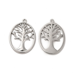 Stainless Steel Color 304 Stainless Steel Pendants, Oval with Tree of Life Charm, Stainless Steel Color, 25x18x1mm, Hole: 1.2mm