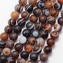 Coffee Natural Striped Agate/Banded Agate Bead Strands, Eye Agate Beads, Round, Dyed & Heated, Frosted, Grade A, Coffee, 8mm, Hole: 1mm, about 47pcs/strand, 15 inch
