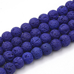 Bleu Moyen  Brins de perles de pierre de lave synthétique, teint, ronde, bleu moyen, 8~8.5mm, Trou: 1.8mm, Environ 47 pcs/chapelet, 14.96 pouce (38 cm)