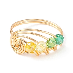 Green Glass Braided Vortex Finger Ring, Golden Copper Wire Wrap Jewelry for Women, Green, US Size 8(18.1mm)