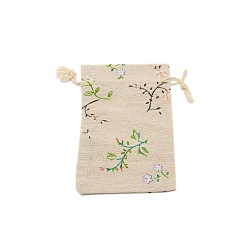 Wheat Cotton Storage Bag, Drawstring Bag, Rectangle with Floral Pattern, Wheat, 13.7x9.5x0.65cm