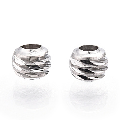 Real Platinum Plated Rhodium Plated 925 Sterling Silver Beads, Grooved Round, Nickel Free, Real Platinum Plated, 3x2.5mm, Hole: 1mm