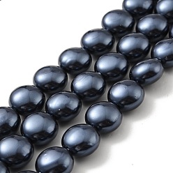 Midnight Blue Electroplated Shell Pearl Beads Strands, Polished, Flat Round, Midnight Blue, 14x9.5~10mm, Hole: 0.4mm, about 27pcs/strand, 15.55 inch(39.5cm)