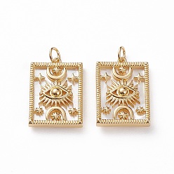 Golden Natural Shell Pendants, with Brass Findings, Rectangle with Eye & Moon & Star, Golden, 24.5x16.5x4.5mm, Jump Ring: 5.5x1mm, Hole: 3.5mm