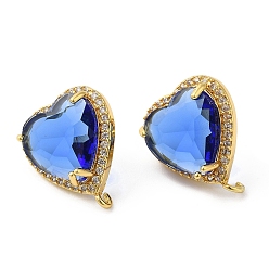 Blue Rack Plating Brass Rhinestone Stud Earring Finding, with Glass, Heart with Vertical Loops, Real 18K Gold Plated, Cadmium Free & Lead Free, Blue, 20.5x17mm, Hole: 1.6mm, Pin: 0.7mm
