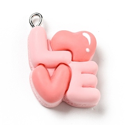 Pink Opaque Resin Pendants, I Love You Macaron Charm, Imitation Food, with Platinum Tone Iron Loops, Pink, 27.5x18x8mm, Hole: 2x2.7mm